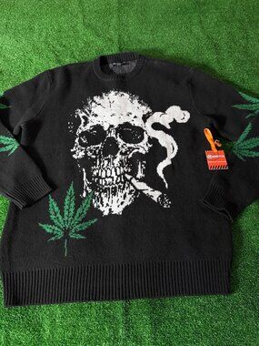 RGSTR Men's Smoking Skull Weed Leaf Knit Sweater Black Streetwear NWT Size XL